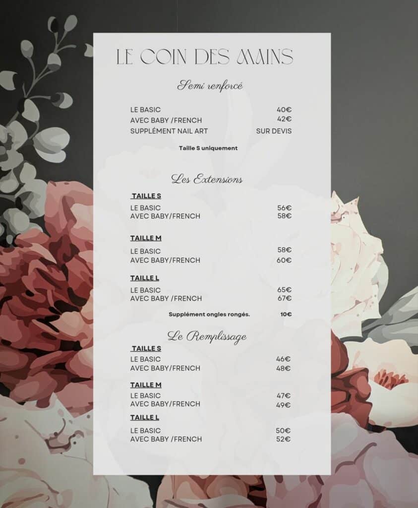 tarifs des prestations mains