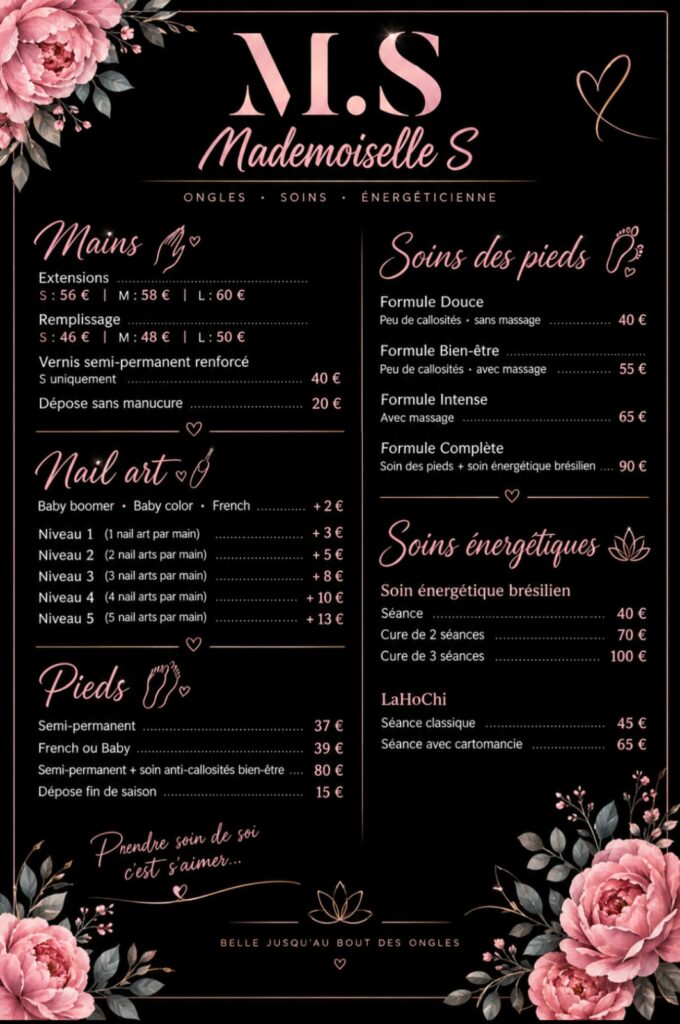 tarifs des prestations ongles et bien être de mademoiselle s